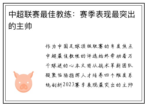 中超联赛最佳教练：赛季表现最突出的主帅
