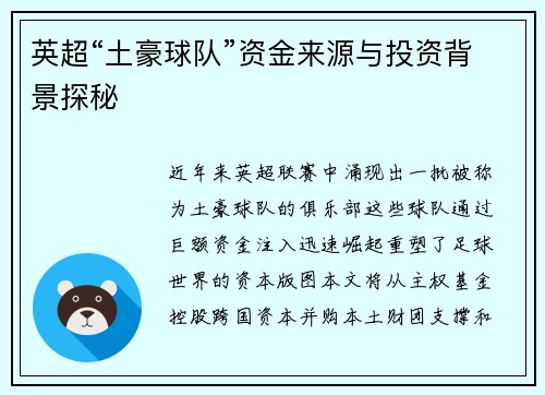 英超“土豪球队”资金来源与投资背景探秘