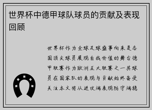 世界杯中德甲球队球员的贡献及表现回顾