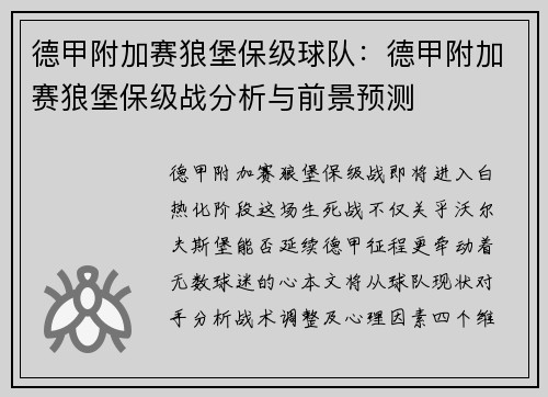德甲附加赛狼堡保级球队：德甲附加赛狼堡保级战分析与前景预测